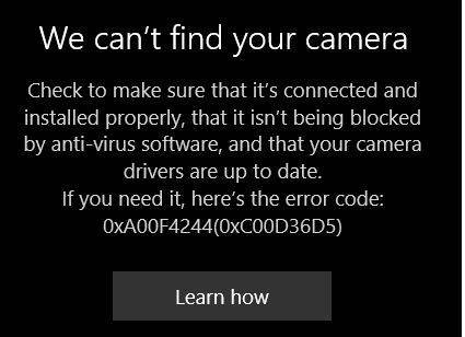 Мы не можем найти вашу камеру, код ошибки 0xa00f4244 (0xc00dabe0) 2021