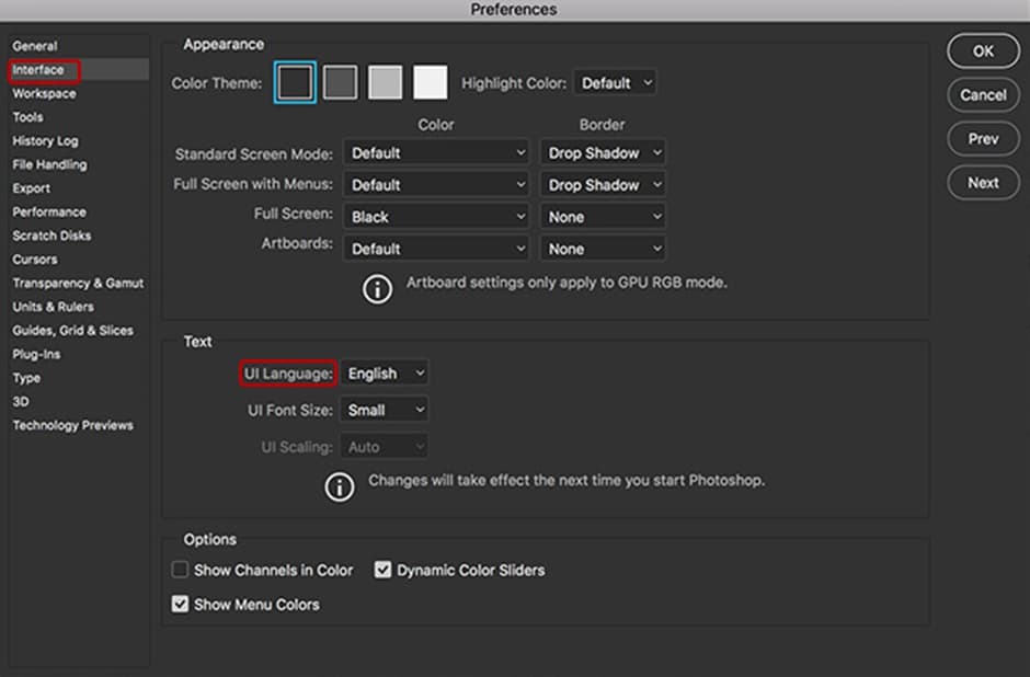 Как изменить интерфейс. Поменять язык в фотошопе. Preferences в фотошопе. Интерфейс фотошопа на английском. Preferences в фотошопе на русском.