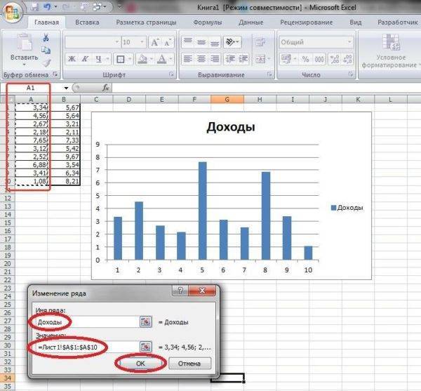 Как изменить название ряда в диаграмме excel